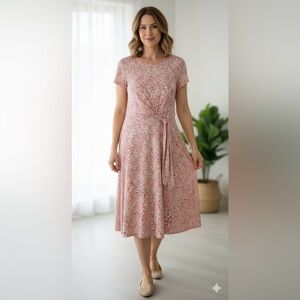 Women’s Perceptions Pink Floral Midi Dress Tie Waist Short Sleeve Size Large